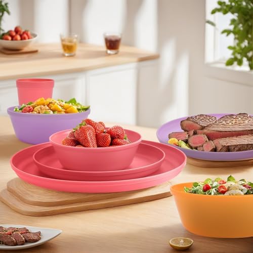 40 Piece Plastic Dinnerware Set for 8 with Cutlery, Unbreakable Plates and Bowls Set, Dishwasher & Microwave Safe Reusable Dish Set for Camping, RV, Outdoor Kitchen, Apartment Dining,Sunset Multicolor