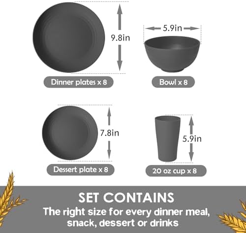 Teivio 32-Piece Plates and Bowls Sets for 8, Gray Matte Dinnerware Sets