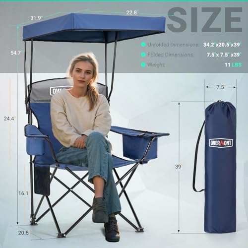 Overmont Camping Chair with Canopy Shade - 330 lb Support&3L Cooler Bag
