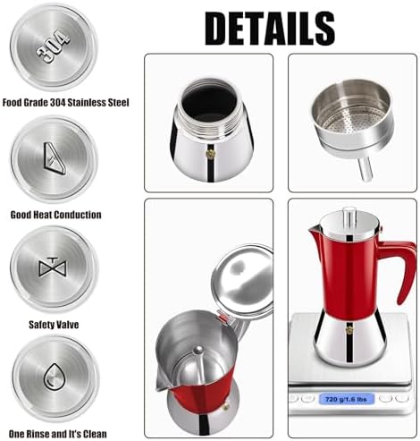 6 Cup Thickened 304 Stainless Steel Moka Pot Stovetop Espresso Maker Cafeteras Italian Percolator Espress Makers Capable Greca Mocha Coffee Machine for Induction Home and Camping 300ml 10oz
