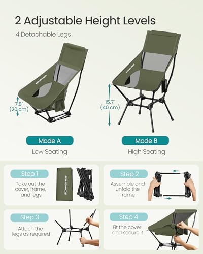 SONGMICS Camping Chair, Steel Frame, Supports 330.7 lb, 2 Storage Pockets