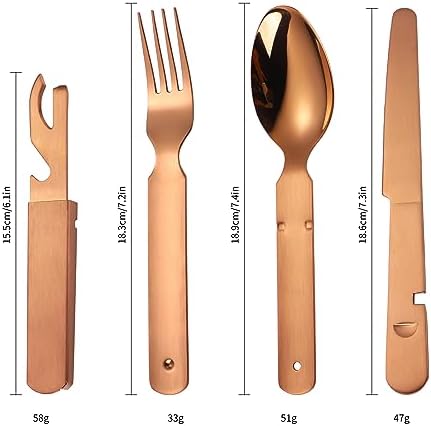Camping Silverware Copper/Rose Gold Flatware Stainless Steel Eating Utensils Set Travel Portable Knife Fork Spoon Bottle Opener 4 Pieces Multi-functional Durable