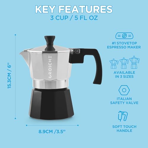 GROSCHE Milano Stovetop Espresso Maker Moka Pot 3 espresso Cup Tuxedo Black