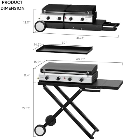 ROVSUN 4 Burner Foldable Propane Griddle with Wheels, Enameled Tray & Lid, 40000 BTU Portable Rolling Flat Top Gas Grill with Electronic Ignition & Regulator for Outdoor Cooking Camping BBQ Tailgating