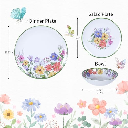 12-Piece Floral Melamine Dinnerware Sets, Green Camping Dishes Set