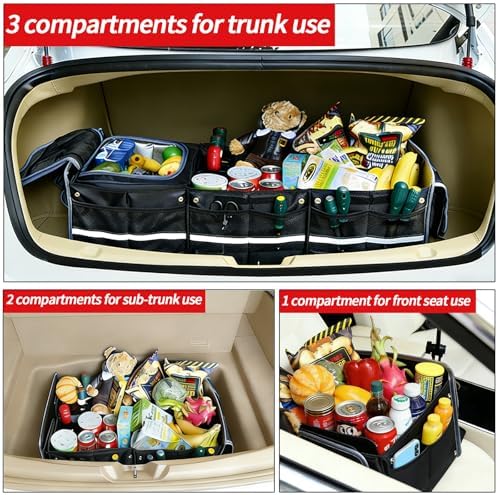 Car Trunk Organizer with Removable Cooler Bag - Collapsible Multi-Compartment Storage for SUV Truck Groceries Camping, Durable Nylon Auto Cargo Organizer (Black)