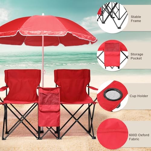Outvita Folding Double Camping Chair w/Umbrella, Cooler for Beach Patio L