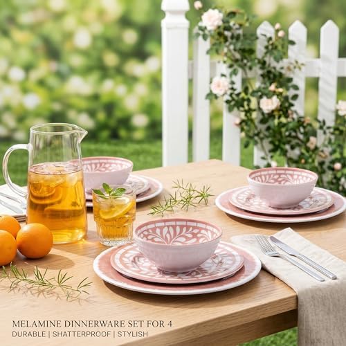 Melamine Dinnerware Sets,12 Pcs Plates and Bowls Set - Light Pink