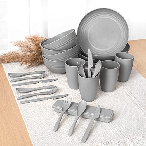 FOODLE Wheat Straw Dinnerware Set - RV, Camping, Picnic Plates Cups & Bowls