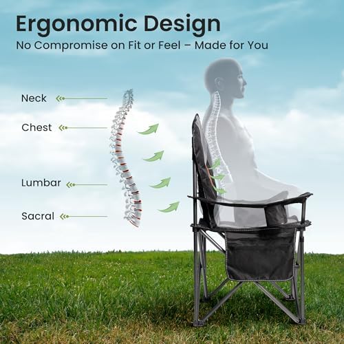 2 Pack Folding Camping Chairs for Adults - High Back Padded Outdoor Lawn Chairs with Lumbar Support & Cup Holder, 500lbs Heavy Duty Portable Camping Chairs Set (Black & Gray, 2 PCS)
