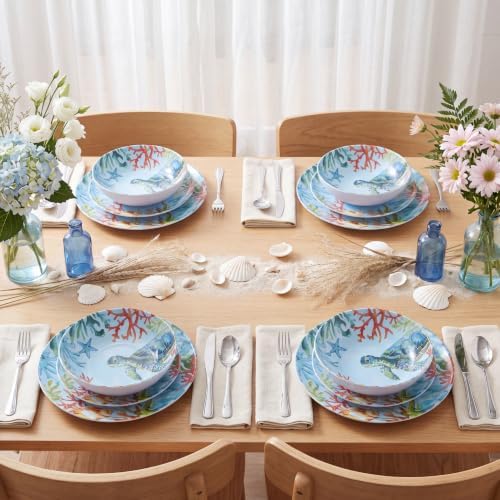 12-Piece Turtle Melamine Dinnerware Set, Ocean Plate and Bowl Sets