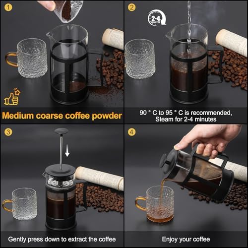 Chiallco Mini French Press Coffee Maker, Heat Resistant Thickened Borosilicate Classic Glass Stainless Steel Coffee Press, 12OZ Heat Cold Brew Coffee Pot Tea Press for Kitchen Travel Camping,Black