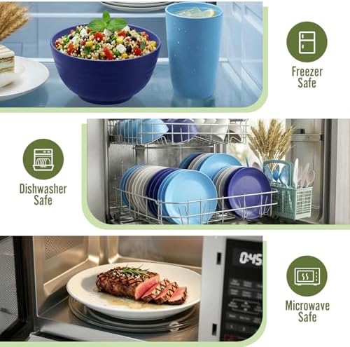 Dinnerware Set 40 PCS Wheat Straw Dishes Set - Service for 8 Unbreakable Plastic Dish Set Microwave Safe Plates and Bowls Sets Lightweight Cups Sets Outdoor Dishes - Island Colors