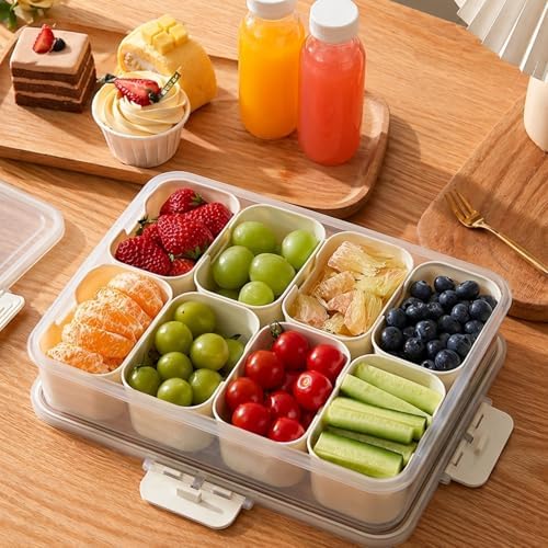 Snackle Box Container,Divided Serving Tray with Lid and Handle,Dishwasher Safe Snack Box Charcuterie Board,8-Compartment Snack Container for Adults,Fruit Veggie Tray Snack Organizer for Party Picnic