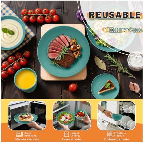 Wheat Straw Dinnerware Sets, 32 PCS Dishes Set for 8, Unbreakable Plates and Bowls Sets, Microwave Safe Dinnerware Set for Kitchen Outdoor Camping RV - Green