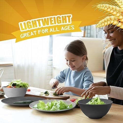 Teivio 32-Piece Kitchen Plastic Wheat Straw Dinnerware Sets, Service for 8, Dinner Plates, Dessert Plate, Cereal Bowls,Cups, Unbreakable Plastic Colorful Outdoor Camping Dishes, Irregular Gray Ombre