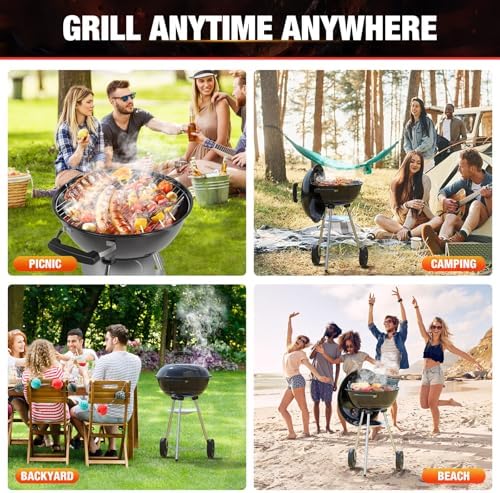 18 inch Charcoal Grill, Portable Kettle BBQ Grills, Perfect BBQ Gift, Durable & Easy to Assemble, Round Barbecue Grill with Wheels and Lid for Outdoor Cooking, Patio and Beach, Black