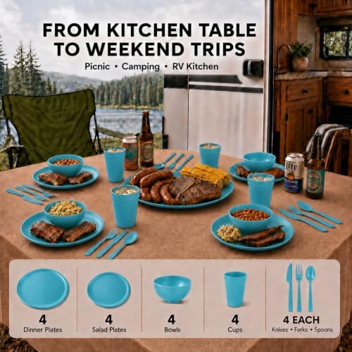 28 Piece Plates and Bowls Sets for 4, Kitchen Dinnerware Sets, Plastic