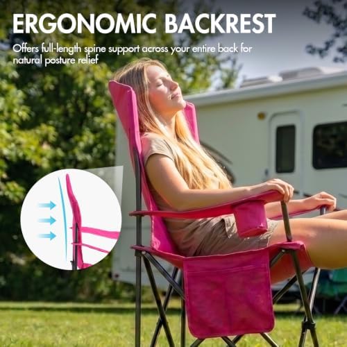 EVER ADVANCED Oversized Camping Chairs, Folding Chairs for Outside Heavy Duty 400LBS Lawn Chairs High Back Camp Chair with Cup Holder for Outdoor, Fishing & Sports, Pink