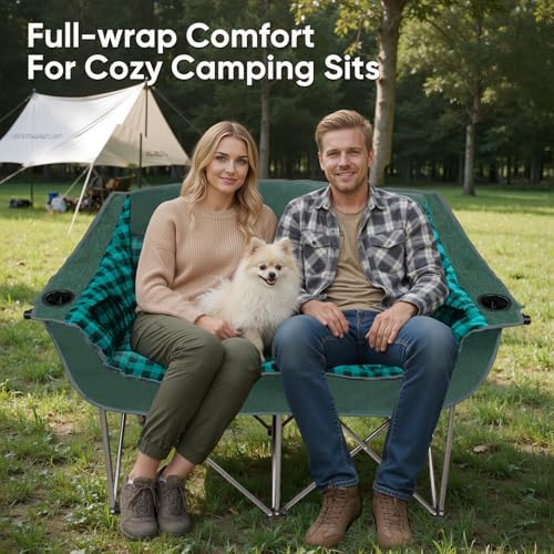 Colorsoul Double Folding Camping Chair,Fully Padded Loveseat Camping Couch,Oversized 2 Person Lawn Chair w/Cup Holder,Wine Glass Holder,Mesh Storage for Patio Picnic Beach,Support 600lbs,Green Plaid