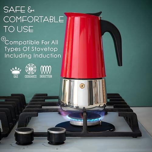 Mixpresso 6 Cup Greca Moka Pot Red Stainless Steel Stovetop Espresso Maker