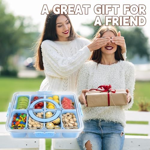 Divided Serving Tray with Lid and Handle,8 Compartments Snacks Box,Snack Fruit Veggie Tray,Portable Platter for Candy Fruits Nuts Snack Party Entertaining Picnic (2PCS Blue)