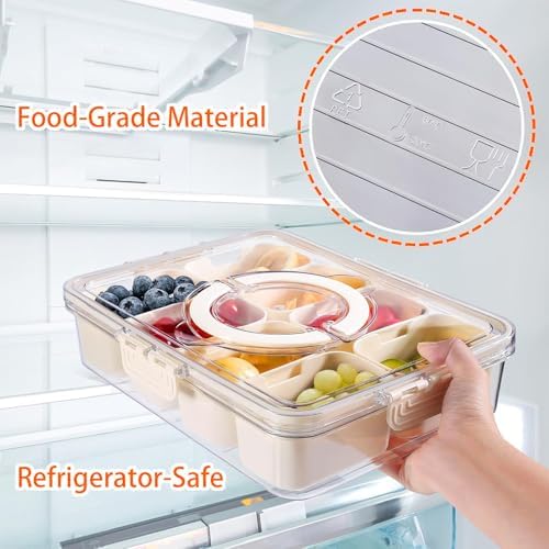 Snackle Box Container, Divided Serving Tray with Lid and Handle, 8 Compartment Portable Snack Box Containers, Clear Storage Organizer for Fruit Candy Nuts Veggie, Perfect for Road Travel Party
