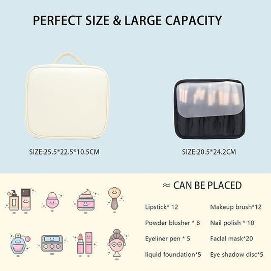 Makeup Bag with Led Mirror,Travel Makeup Organizer with 3 Color Setting & 10X Magnifying Mirror, Portable Storage and Adjustable Dividers Travel Makeup Bag-white