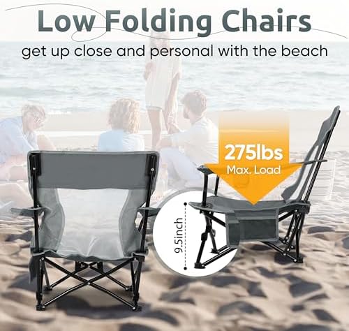 HaSteeL Low Beach Chairs, 2Pcs Folding Camping Lawn Chairs - Grey