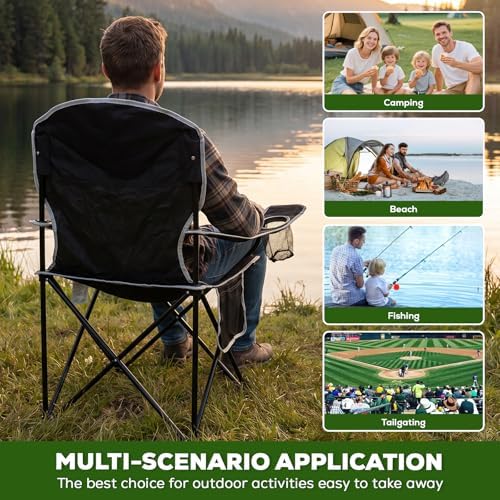 2-Pack Lightweight Heavy Duty Camping Chairs, Up to 400lbs Capacity Folding Chair with Cooler Bag & Cup Holder, Oversized Portable Lawn Chair for Outdoor, Fishing, Tailgating, Beach (Black)