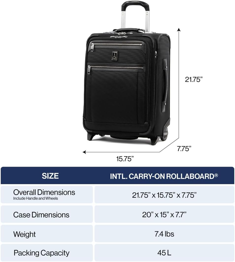 Travelpro Platinum Elite Softside Expandable Carry on Luggage, 2 Wheel Upright Suitcase, USB Port, Men and Women, International, Shadow Black, Carry On 20-Inch