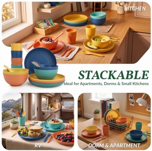 Homienly Wheat Straw Plates and Bowls Sets Unbreakable Dinnerware Set 20 PCS Dish Set for Camping, Party, Picnic Microwave and Dishwasher Safe Kitchen Dinner Set Apartment Essentials (Multicolor)