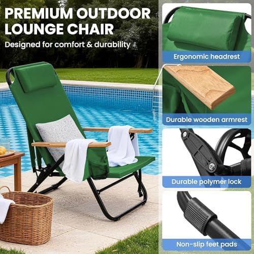 2 Pack Premium 5-Position Reclining Camping Chair - Portable Folding Lightweight Outdoor Chair with Wooden Armrests, Headrest & Pockets, 350lbs Heavy Duty for Beach, Patio, Backyard, Green