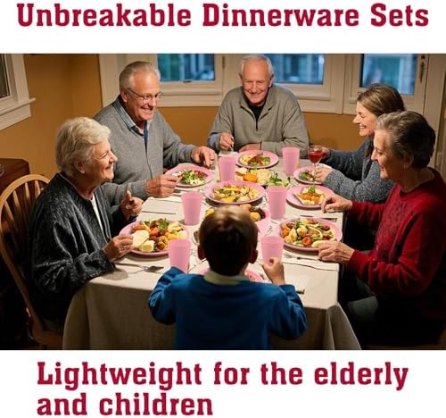 Pink Dinnerware Sets for 8,Pink Plates and Bowls Sets Plastic,Wheat Straw Dinnerware Sets Unbreakable Microwave Safe Lightweight,32 Pcs Christmas Dishes Set for Elderly Kitchen Outdoor