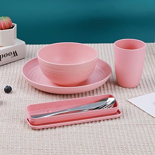 28PCS Kitchen Wheat Streaw Dinnerware Sets for 4, Wheat Straw Plates and Bowls Sets, College Dorm Kitchen Dinnerware Dishes Set Cutlery Set (Beige)