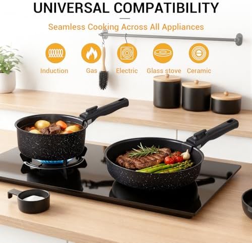 Ammeloo 21Pcs Pots and Pans Set Non Stick with Detachable Handle, Grill Pan