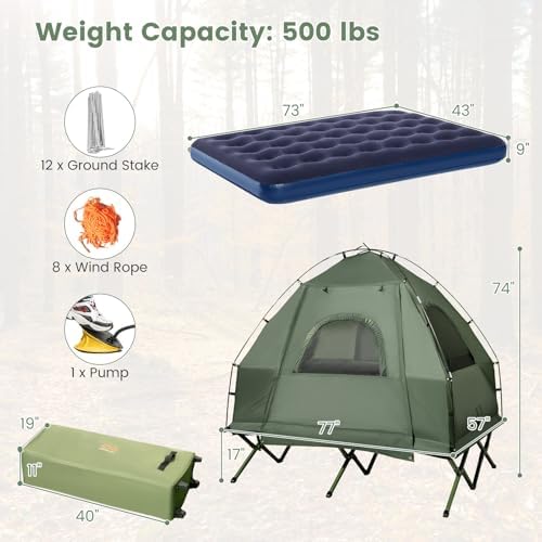 Goplus Camping Tent Cot, 5-in-1 Folding Camping Bed with Air Mattress, Pillow, Sleeping Bag, Waterproof Elevated Tent Shelter, Portable Outdoor Sleeping Cot with Carry Bag for Picnic, Trip