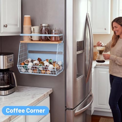 Magnetic Shelf for Fridge with Wood Lid, Fruit Potato and Onion Storage Bins, Pantry Organizers & Storage, Large Container Magnetic Spice Rack for Refrigerator, Kitchen Counter, Cabinet (Blue, 1)