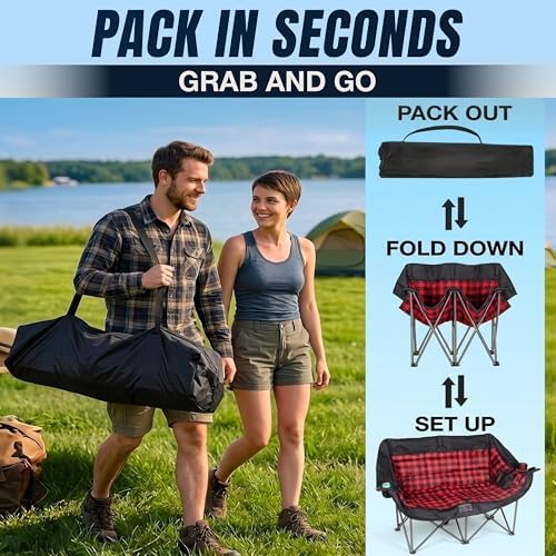 2 Person Camping Chair - Double Folding Chair for Adults - Supports 650 Pounds - Extra Padded Double Seat Camping Chair - Portable 2 Person Camping Couch for Patio and Beach