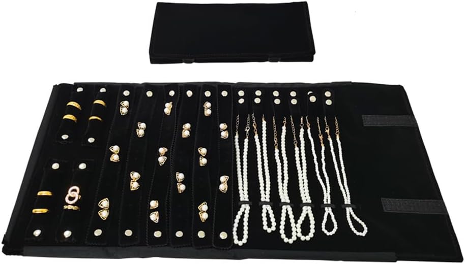 Velvet Travel Jewelry Case Roll Bag Organizer for Necklace Bracelet Earrings Ring (Black) (Black(2+6+6))