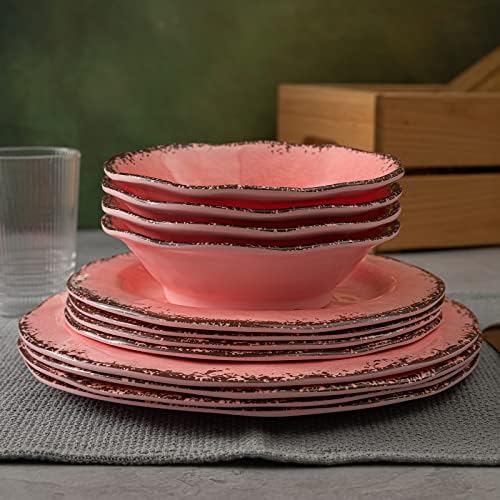 LEHAHA Pink Vintage Melamine Dinnerware Sets, Farmhouse RV Dishes Set for 4