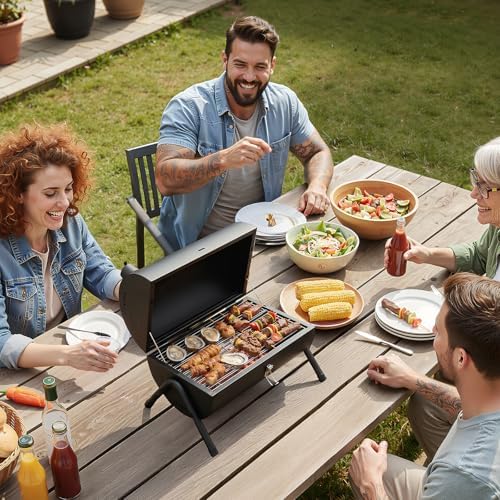 VINGLI Portable Double Sides Charcoal Grill, Wooden Handle, Storage Bag, Multi-functional Metal Compact Tabletop BBQ Outdoor Charcoal Grill for Camping Travel Picnic Patio