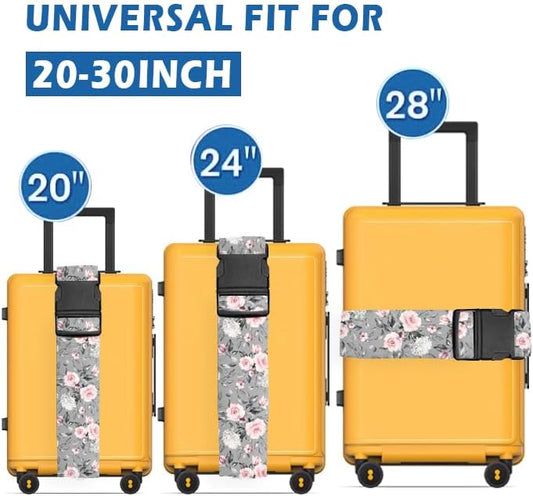 Luggage Straps for Suitcases Travel Belt Accessories, Cute Suitcase Strap, Adjustable Luggage Belt Strap, Heavy Duty with Quick-Release Buckle Luggage Strap Grey Pink Roses
