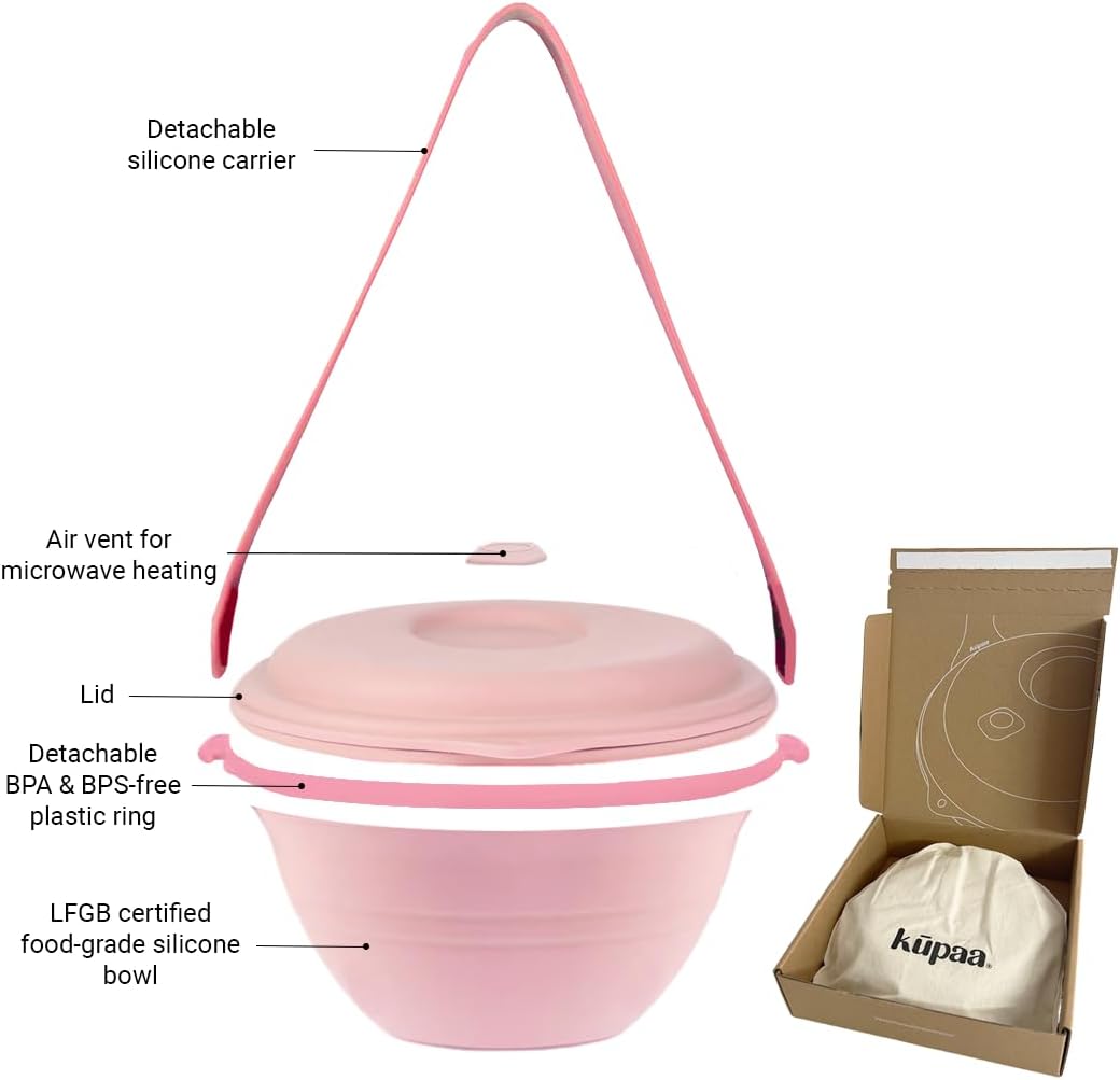 kūpaa Bowl & Carrier Duet – Microwave Safe Silicone Lunch Box For Adults– Collapsible, Leakproof, Food-Grade, Reusable To-Go Container (Rose Quartz)