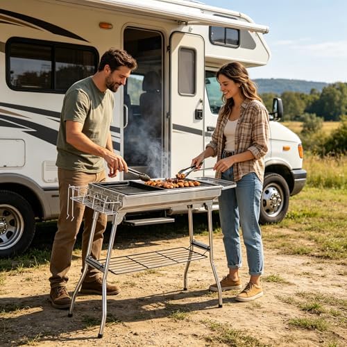 Portable Charcoal BBQ Grill, Foldable Smoker Tall Barbecue Grill Charcoal Outdoor Lightweight for Cooking Camping Hiking Picnics Tailgating Backpacking Garden Beach Party (39.3"L x 27.9"H)
