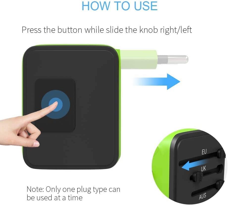 JMFONE International Travel Adapter 2 USB-C & 2 USB-A Ports and Multi AC Sockets,Universal Power Adapter Worldwide All in One High Speed 2.4A Perfect for 200+ Countries (Green)