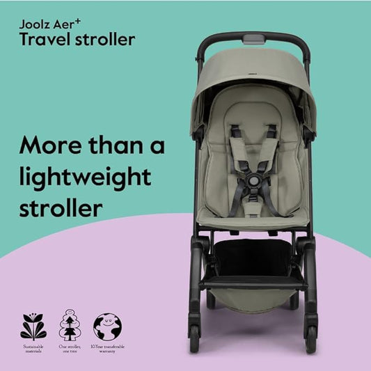Joolz AER+ Lightweight & Compact Travel Stroller - Portable One-Hand Fold Design - Ergonomic Seat for Infant & Toddler (up to 50 lb) - XXL Sun Hood - Stroller for Airplane -Travel Pouch- Sage Green