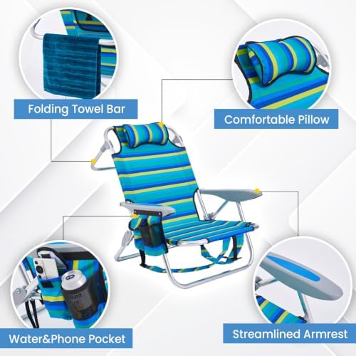 2 Pack Lightweight Portable Camping Beach Chair for Adults, Outdoor Lay Flat Folding Beach Chairs with 5 Positions, Backpack Beach Chair with Towel Bar, Zipper Pouch, Cup Holder, NEW Striped