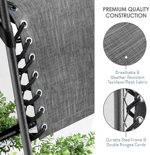 Nestl Zero Gravity Chairs, Portable Patio Lounge Chair Outdoor with Pillows & Cup Holder Trays, Adjustable Steel Mesh Reclining Camping Chair, Folding Patio Lawn Chair for Deck, Beach, Yard - Grey