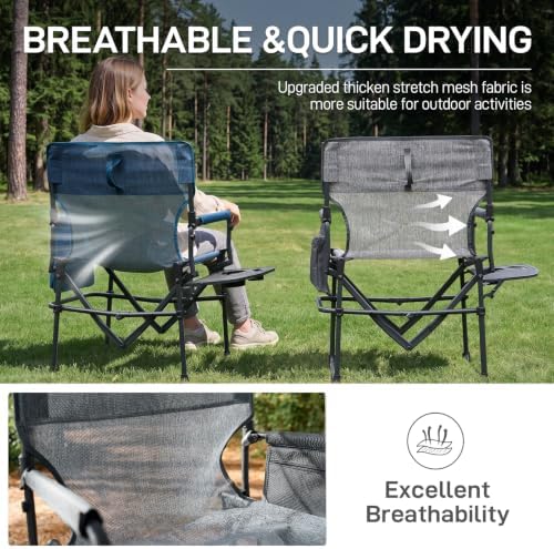 EVER ADVANCED Camping Directors' Chair with Side Table, Portable Folding with Compact Size, Breathable & Quick Dry Design Heavy Duty Lawn Chair with Pocket, 400lbs, Elastic Mesh, Grey